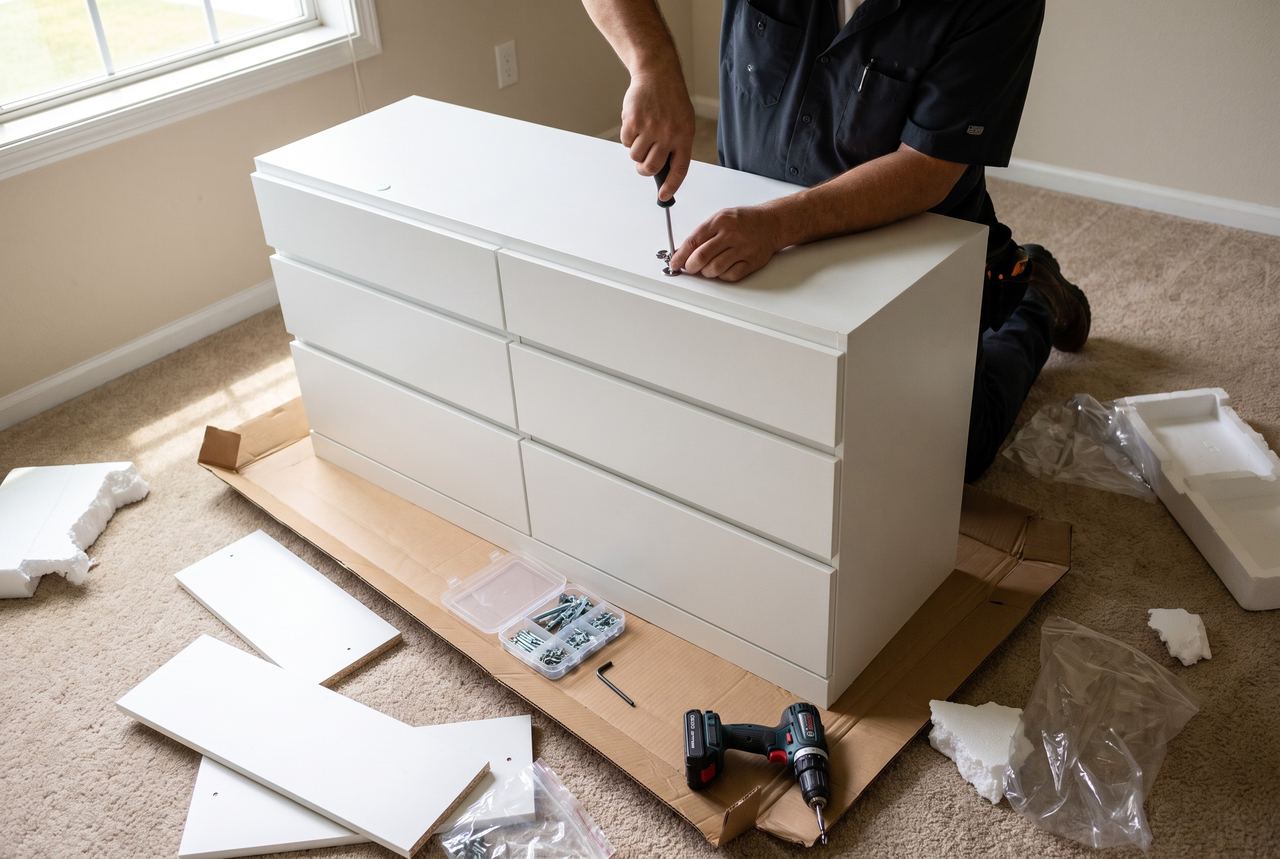 Assembling a white six-drawer dresser on its shipping box, with hardware sorted and a drill nearby