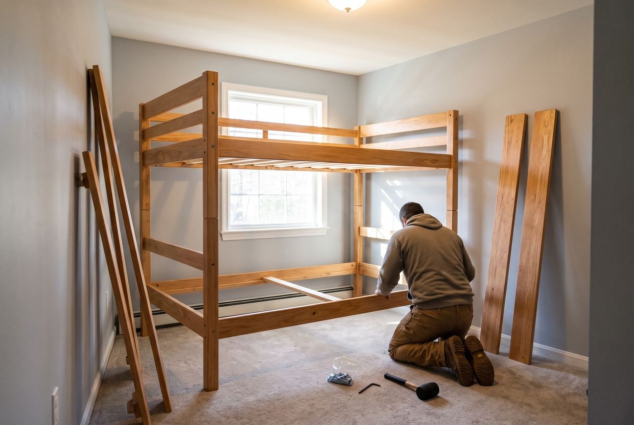 Wooden bunk bed being assembled in a child's bedroom
