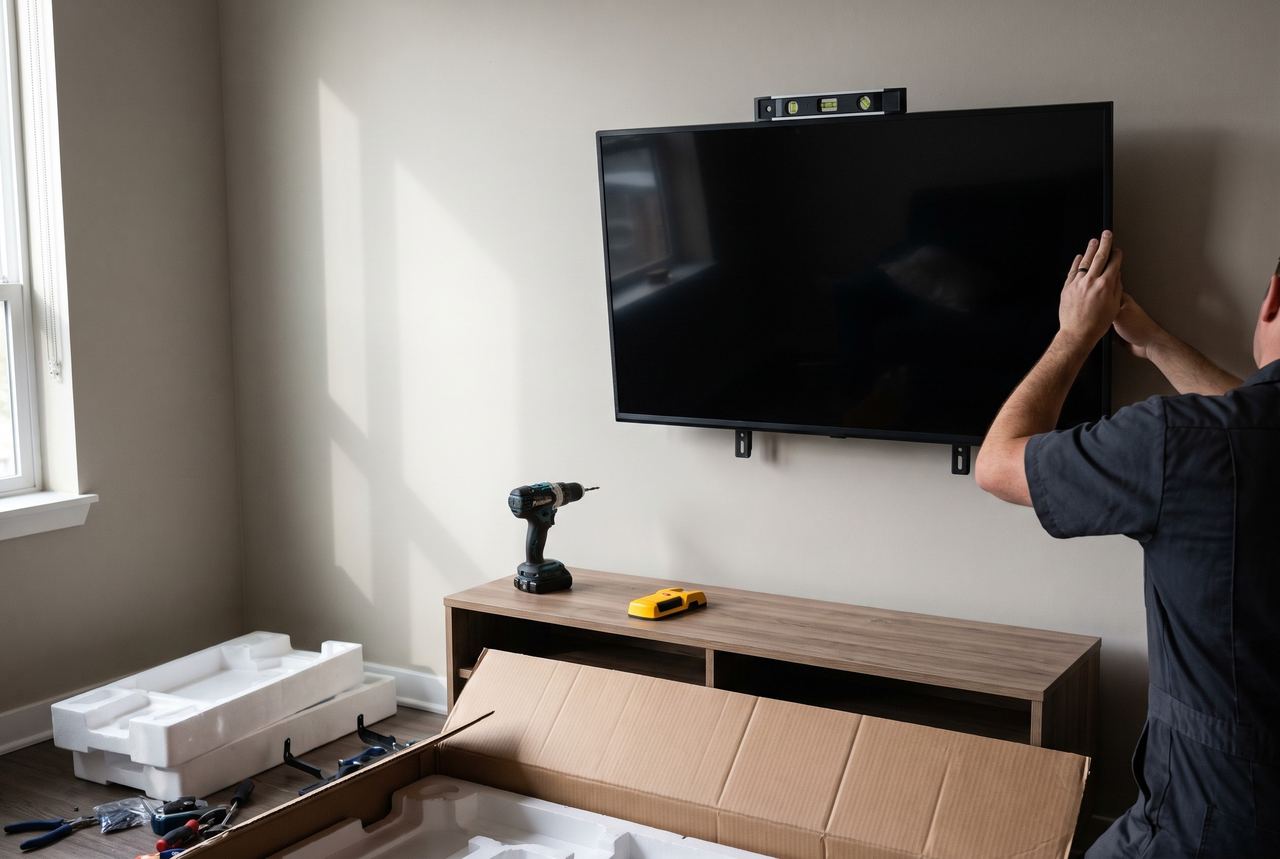 Mounting a flat TV on a wall bracket above a media console