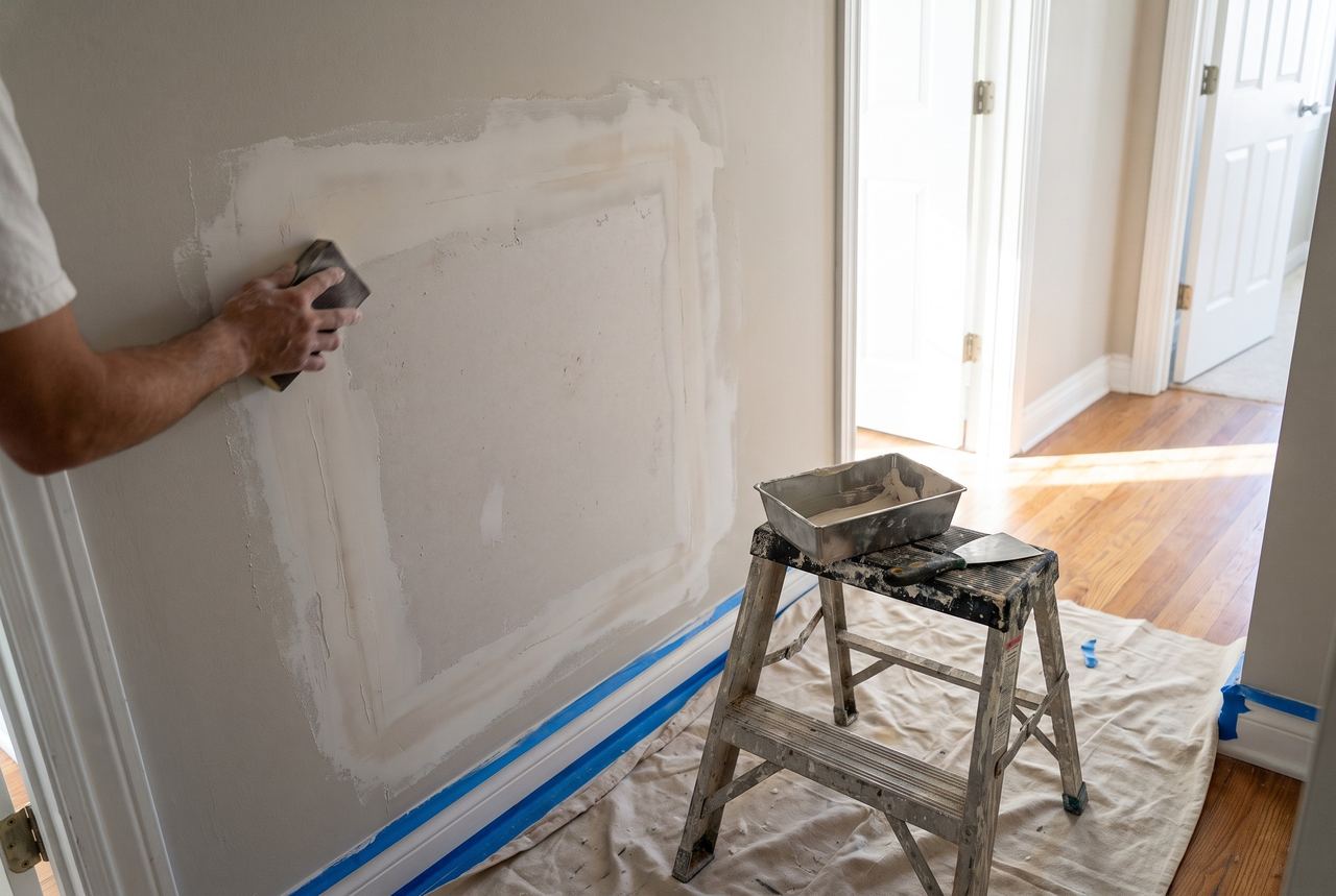 Sanding a fresh drywall patch in a hallway with the floor covered by a drop cloth