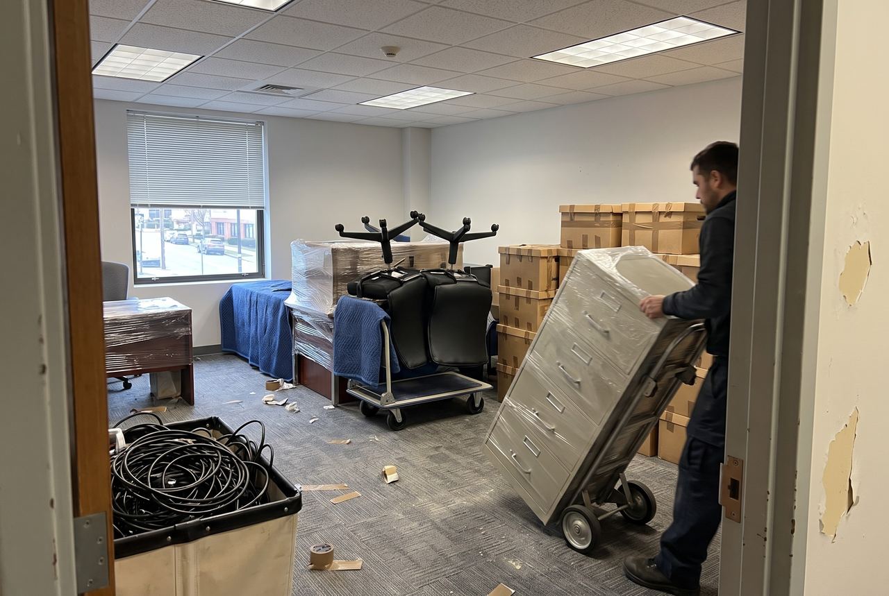 Office move in progress with desks wrapped in blankets, chairs on a dolly and a filing cabinet on a hand truck