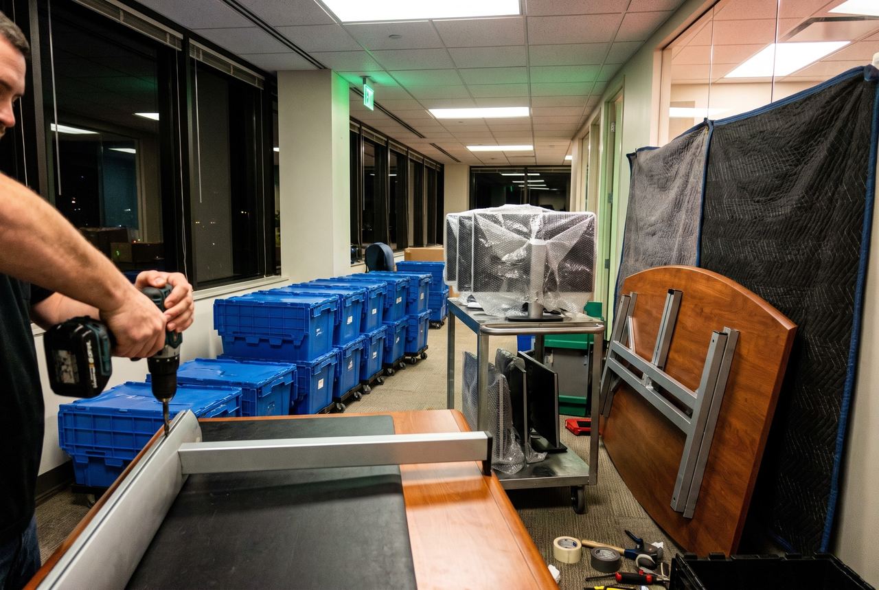 Office hallway lined with rolling moving crates and wrapped monitors while a desk is taken apart