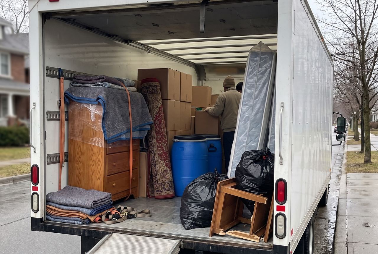 Back of a box truck loaded with a wrapped dresser, boxes, a rug, blue shipping barrels and bags for disposal