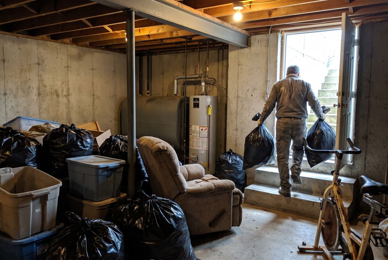 Basement cleanout with trash bags, storage totes and an old recliner, a crew member carrying bags up the bulkhead stairs