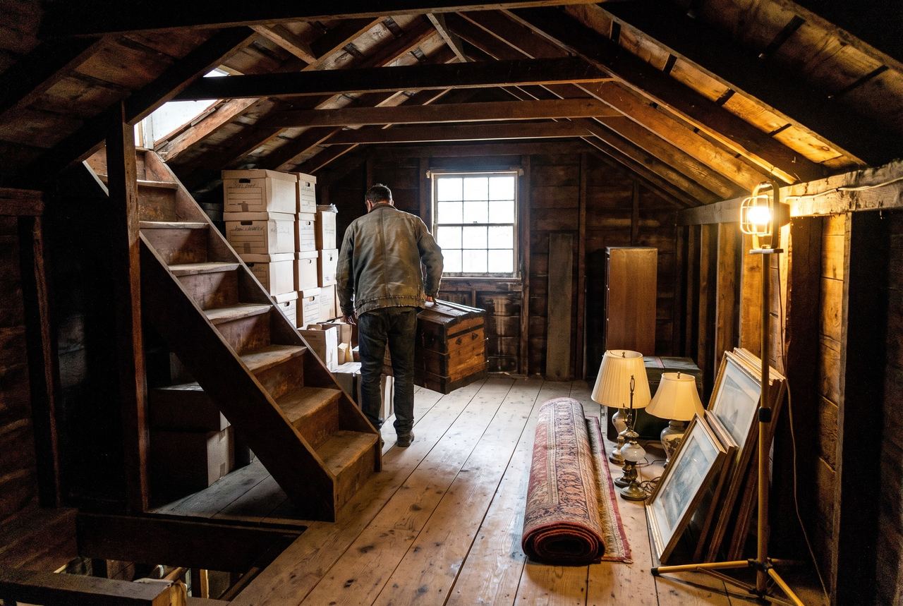 Estate cleanout in the loft of an old carriage house, with trunks, lamps, a rolled rug and stacked boxes
