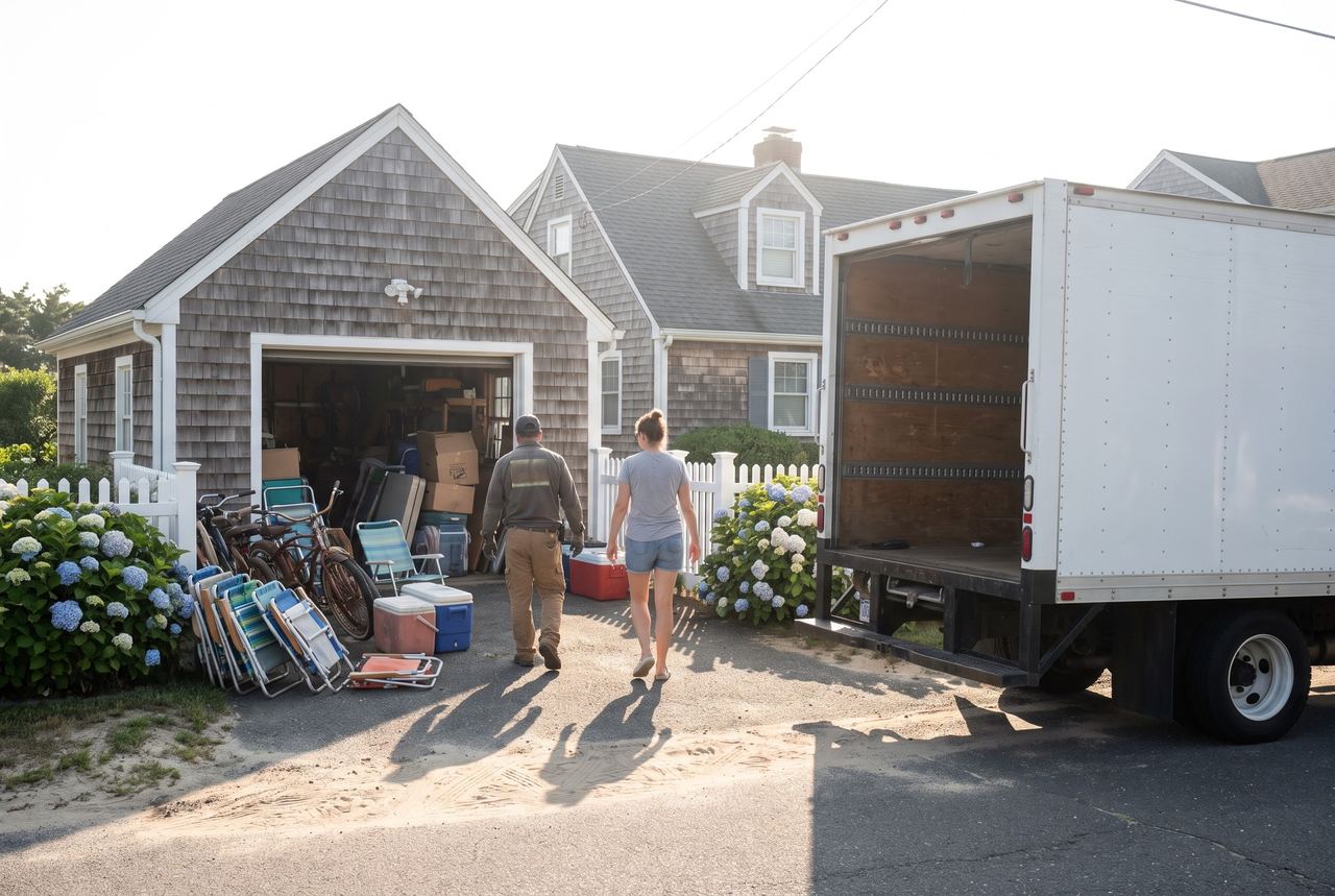 Homeowner and crew member walking to a garage full of beach chairs, bikes and coolers at a Cape-style house
