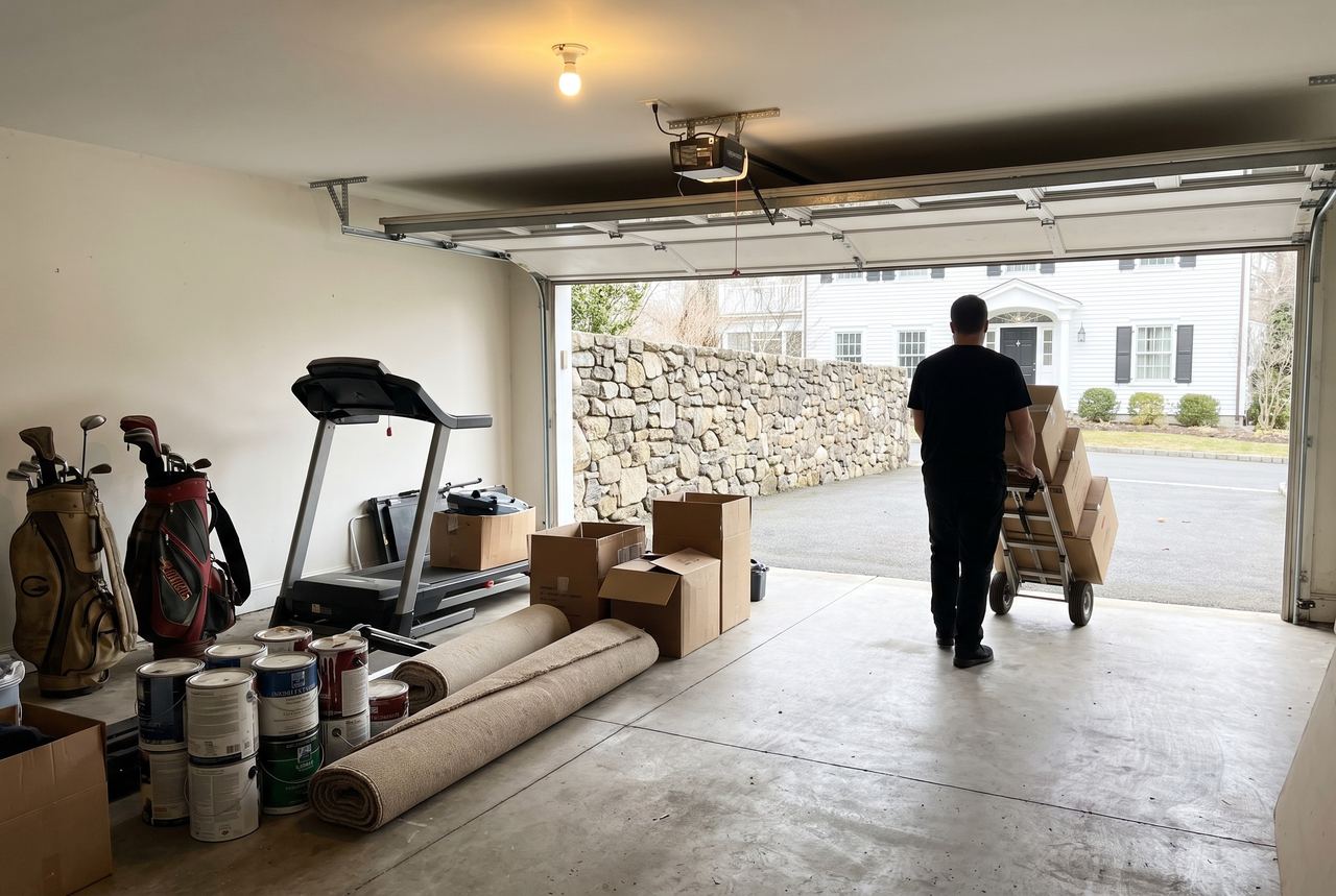 Half cleared two-car garage with golf bags, a treadmill and paint cans, a crew member wheeling boxes out past a stone wall