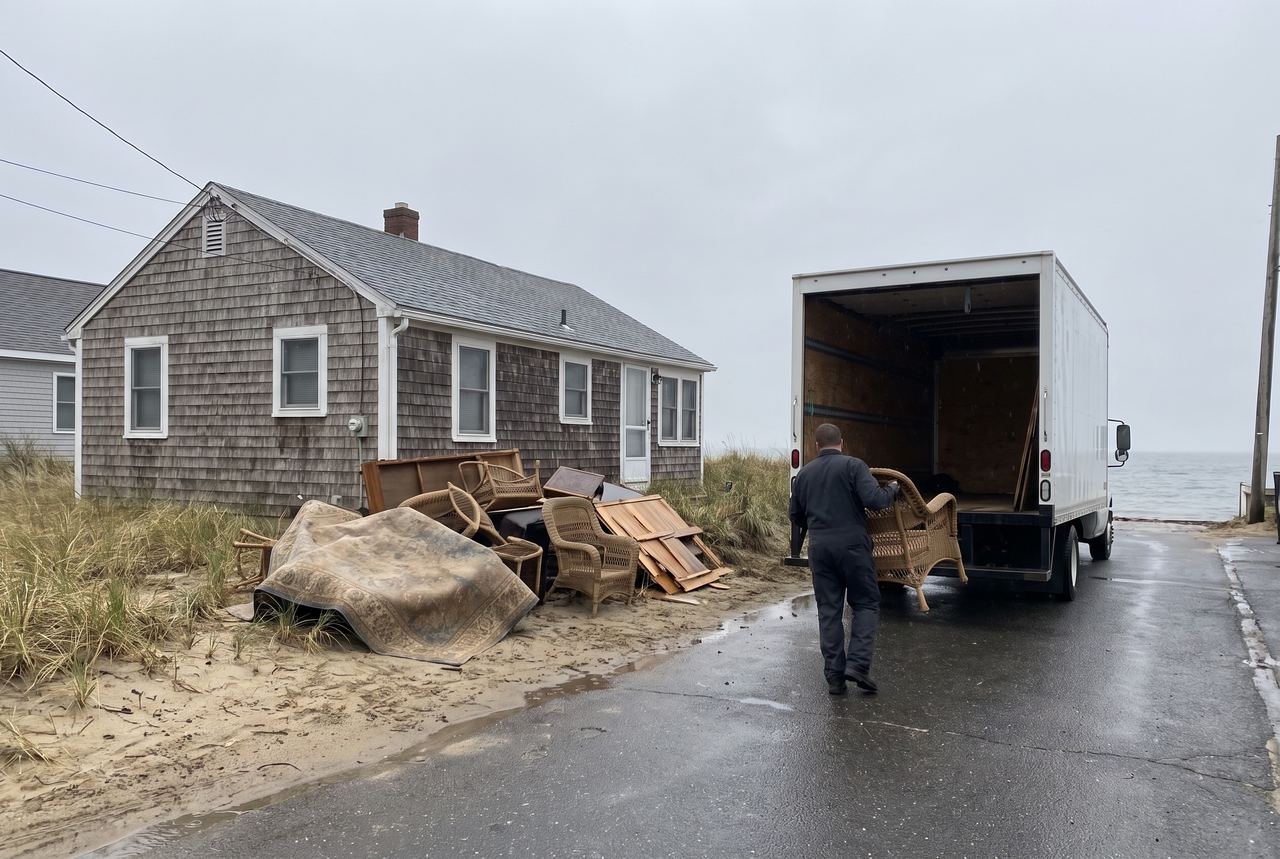 Water-damaged furniture and wicker chairs in the side yard of a shingled shore cottage, carried to a box truck