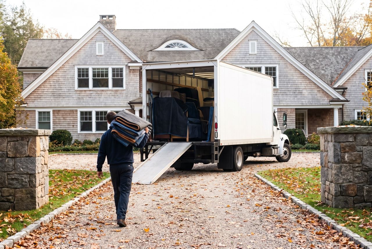 Crew member carrying moving blankets up a long gravel driveway to a box truck in front of a shingle-style house