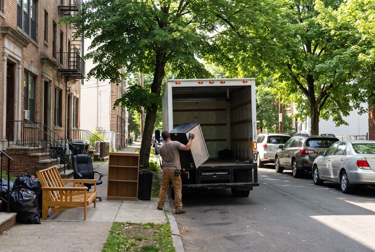 Move-out day on a tree-lined street of brick apartment buildings, with a crew member loading a mini fridge into a box truck