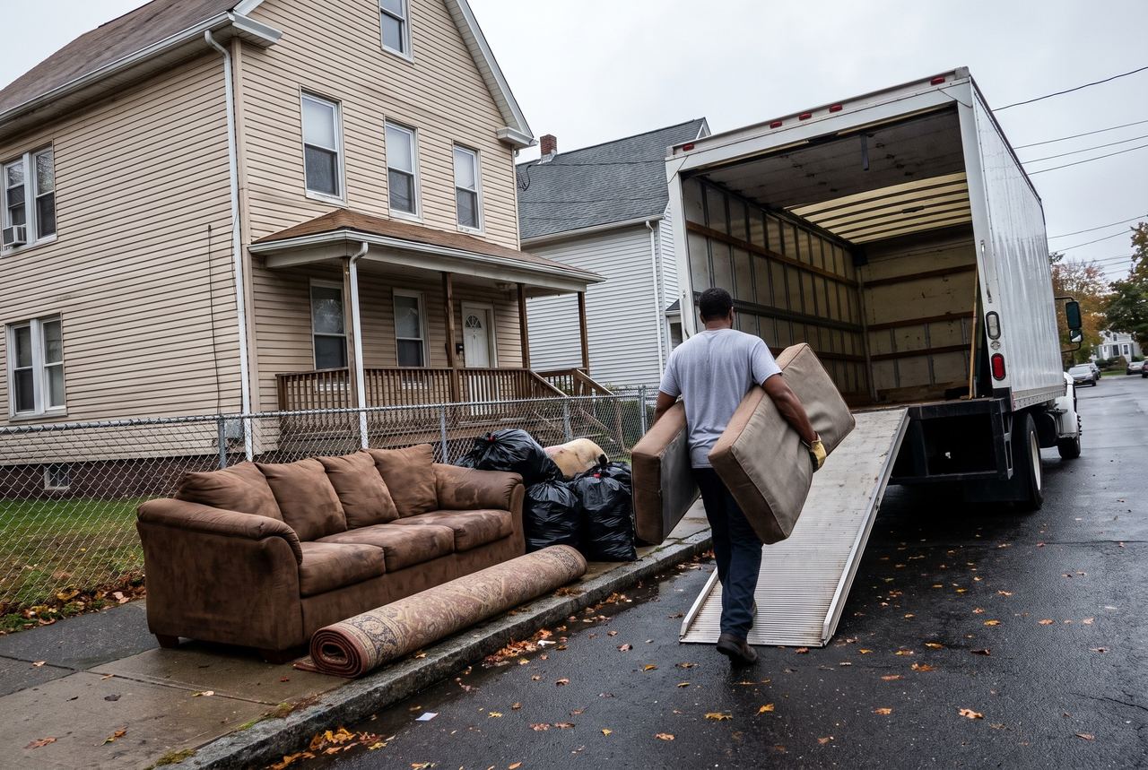 Crew member carrying sofa cushions to a box truck outside a two-family house, with an old sectional and a rolled rug at the curb