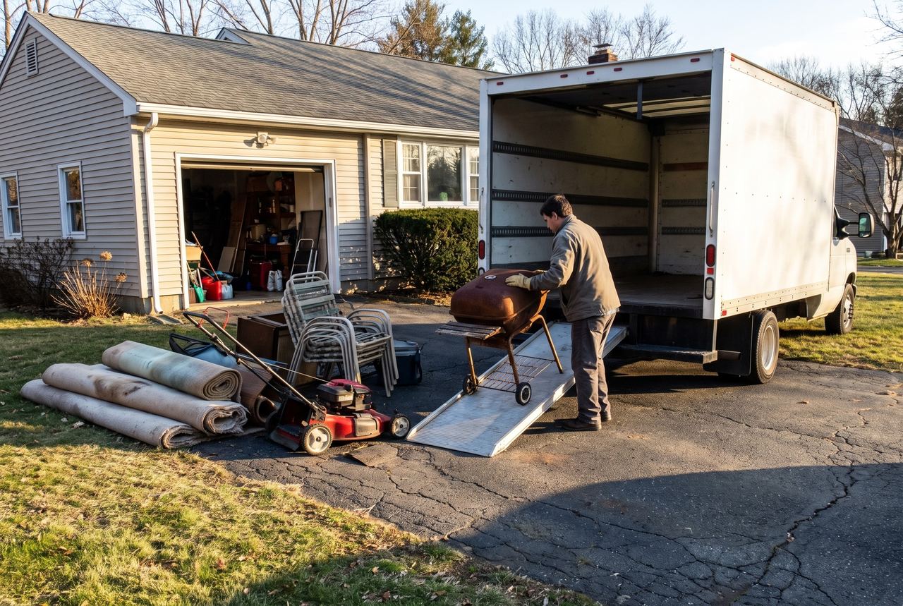 Old grill, lawn mower and patio chairs being loaded into a box truck from the driveway of a ranch house
