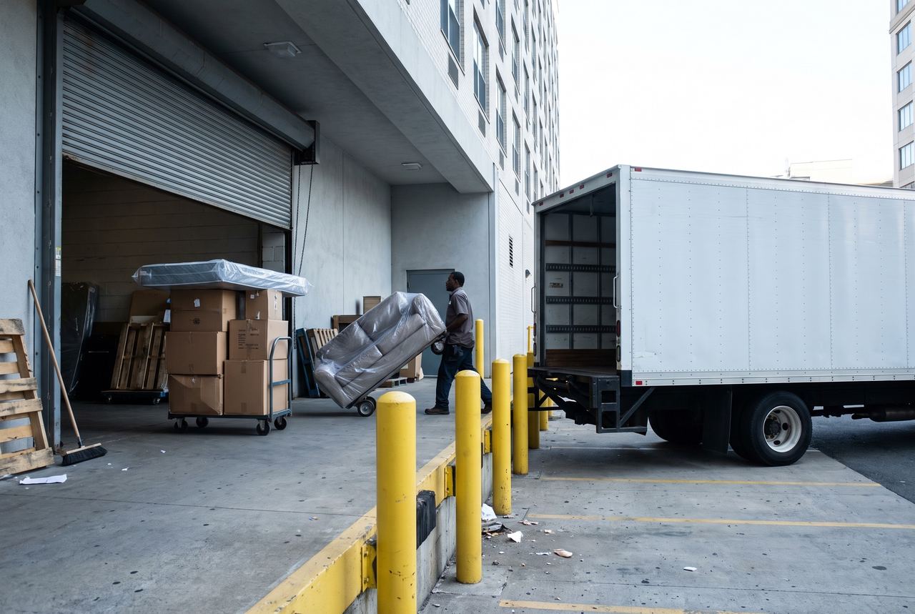 Box truck at the loading dock of an apartment high-rise, with a crew member moving a wrapped sofa on a dolly