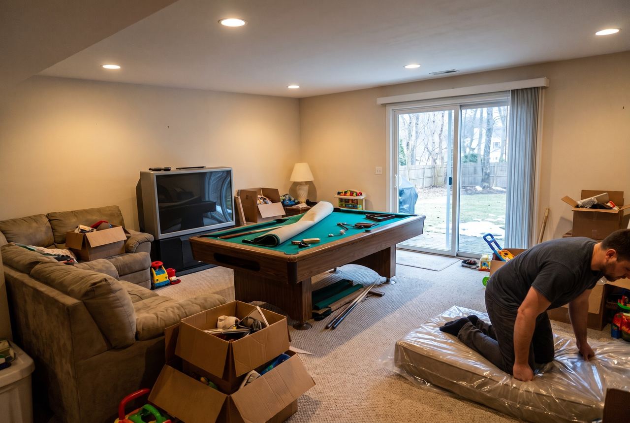Finished basement cleanout with an old sectional, a pool table being taken apart and a cushion being wrapped