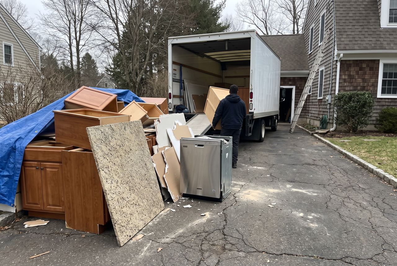 Torn-out kitchen cabinets, a granite slab and an old dishwasher piled in a driveway for debris removal