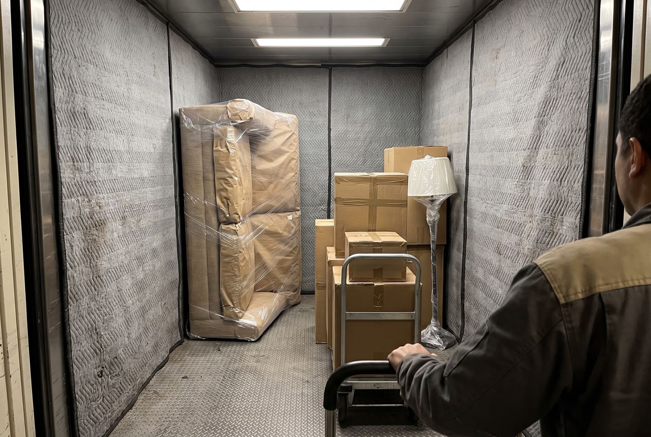 Wrapped sofa, boxes and a lamp loaded into a padded apartment building freight elevator