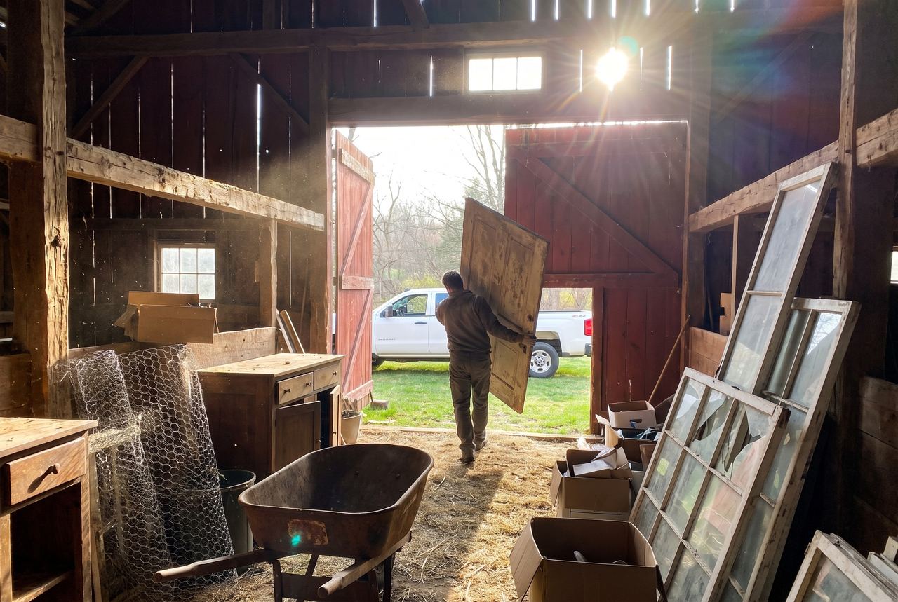 Crew member carrying an old door out of a wooden barn during a barn cleanout